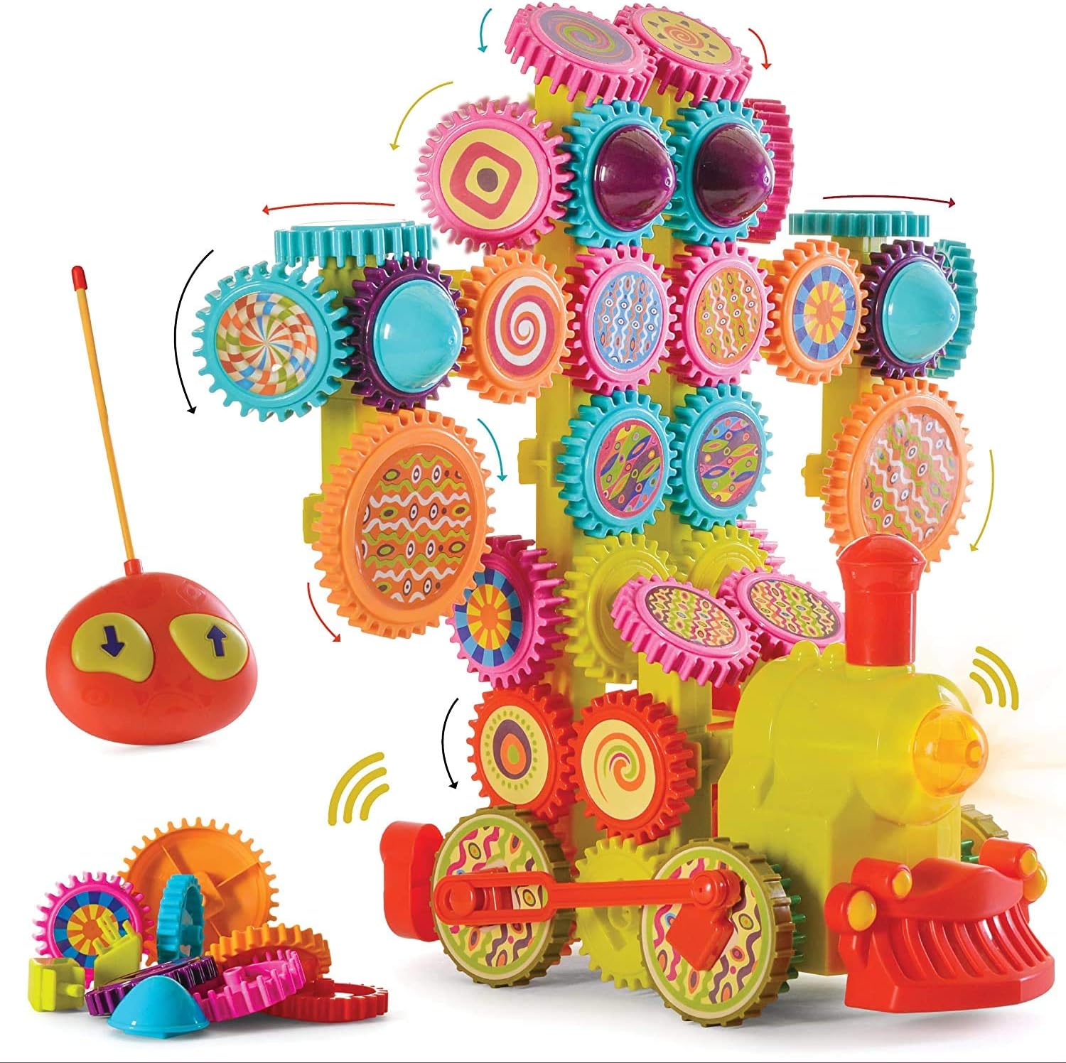 a colorful toy train with gears and wheels