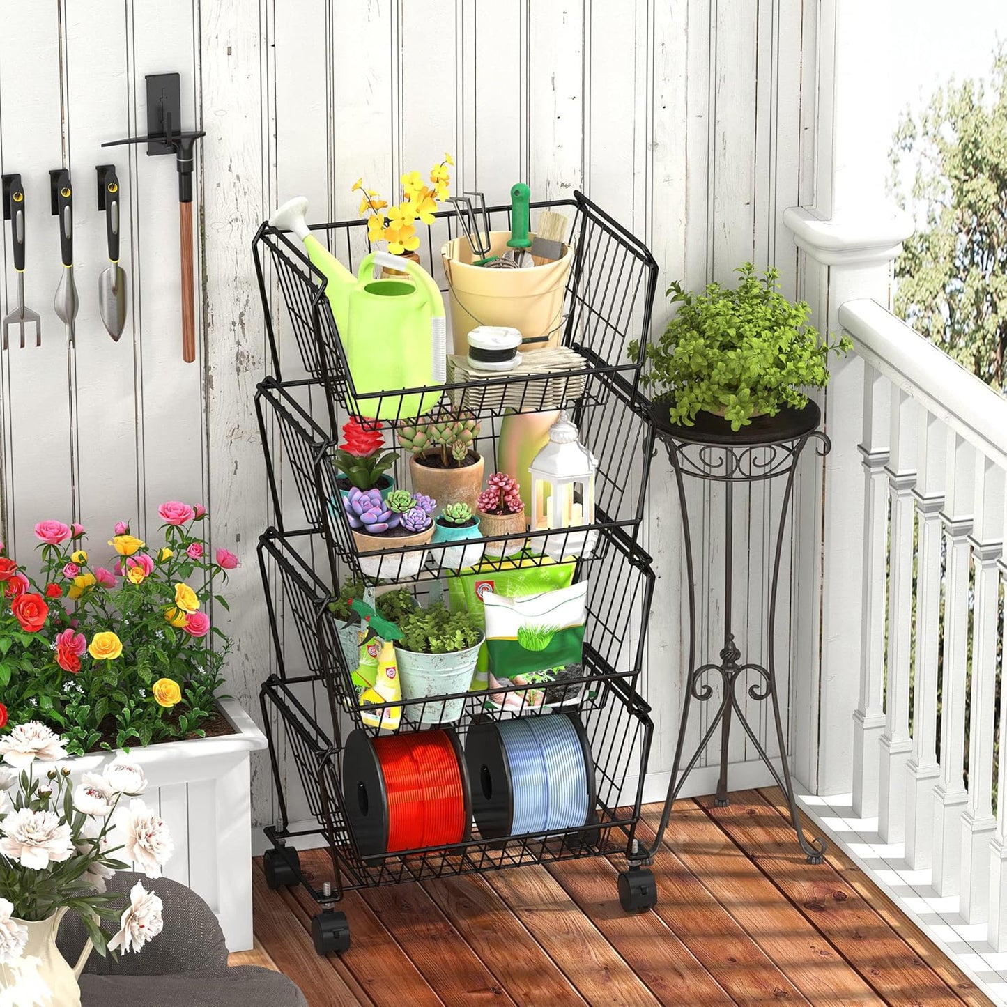 PUSDON Stackable Metal Storage Carts, Dual Use Shelf for Kitchen Fruit Vegetable Baskets