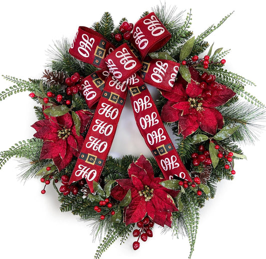 Wreath for Front Door 24 Inch Artificial Christmas Wreath with Pine Needles,Pinecones Red Berries
