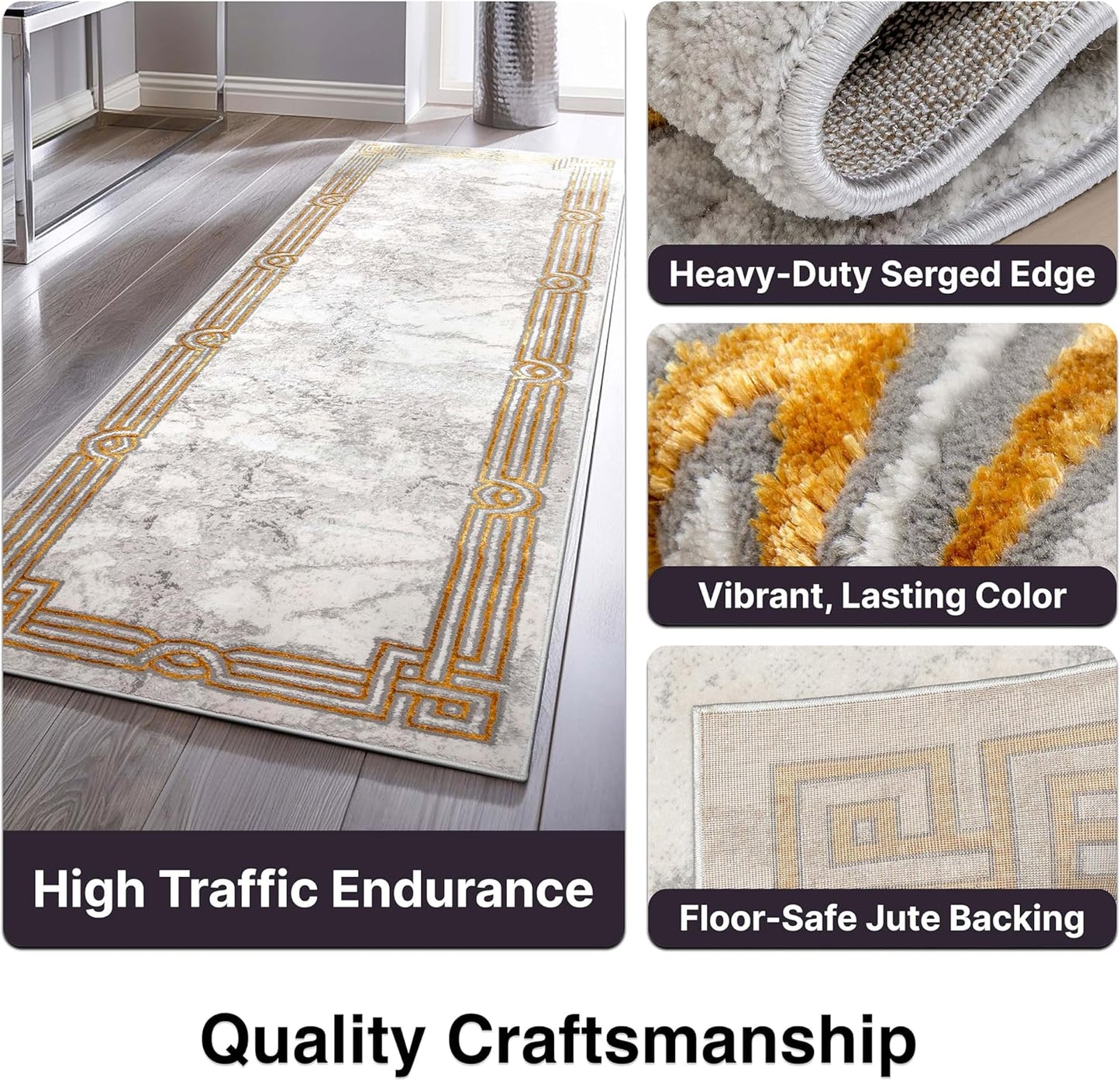 Well Woven Fairmont Collection Huntington Grey Gold & Ivory Marble Border Elegant & Soft 2x3