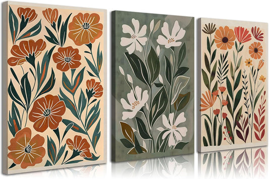 3pcs Abstract Boho Floral Canvas Wall Art Green Beige Flower Market Posters Prints
