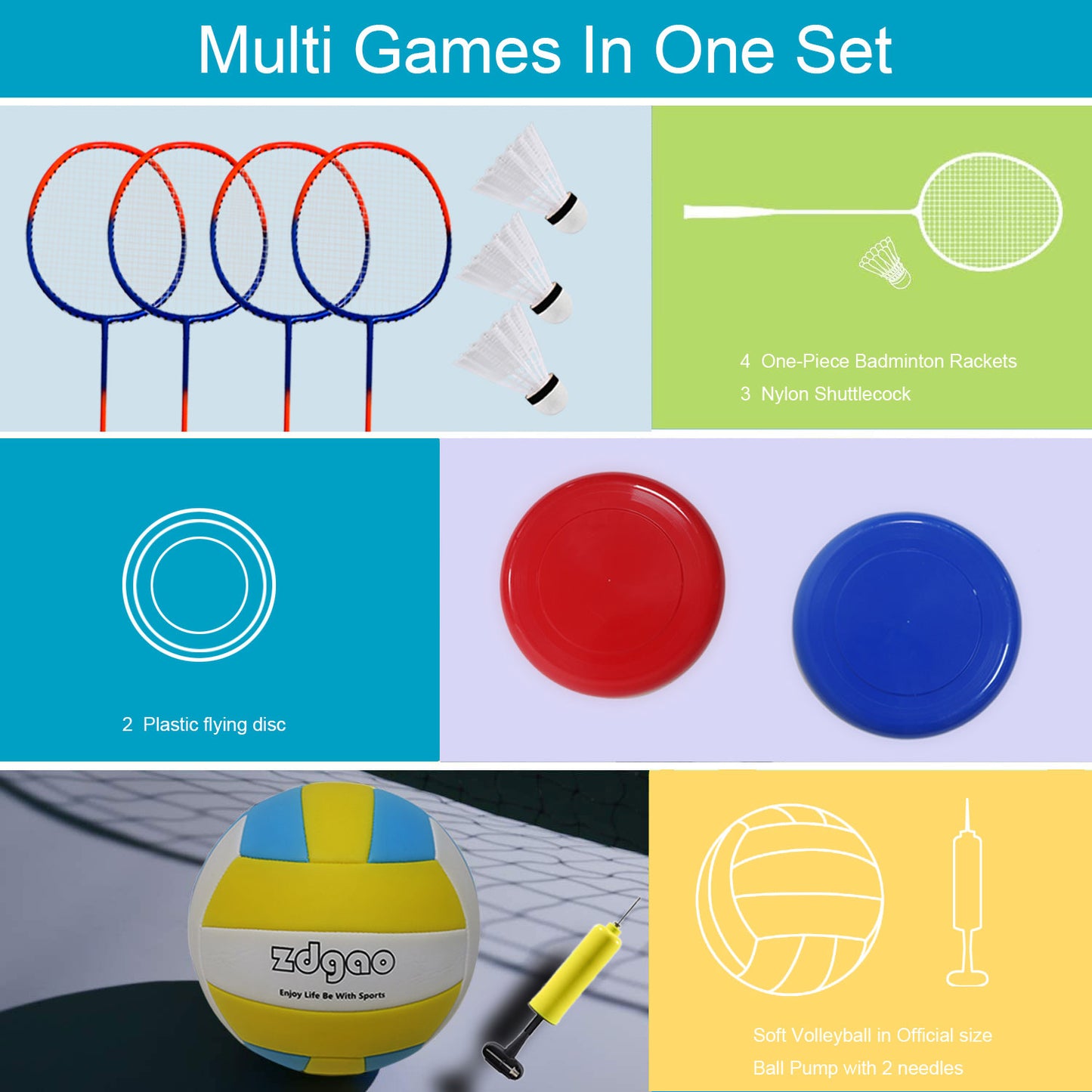 Zdgao Volleyball and Badminton Net Set with Rackets, Ball, and Flying Discs