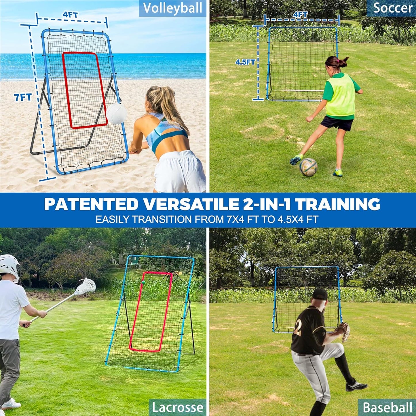2-in-1 Volleyball Rebounder Net System, Adjustable from 7x4 ft to 4x4.5 ft