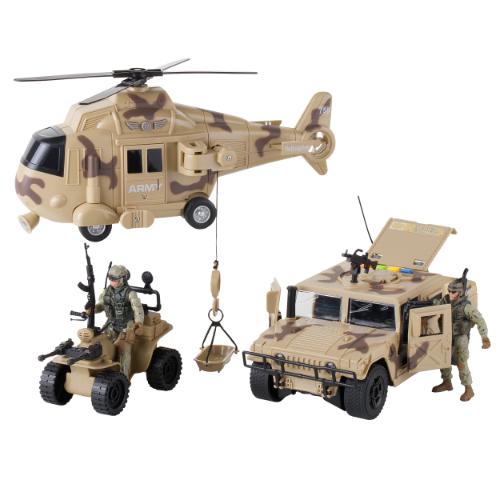 a toy army vehicle and a toy helicopter