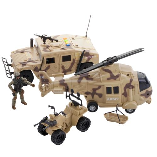 a toy army helicopter with a soldier next to it