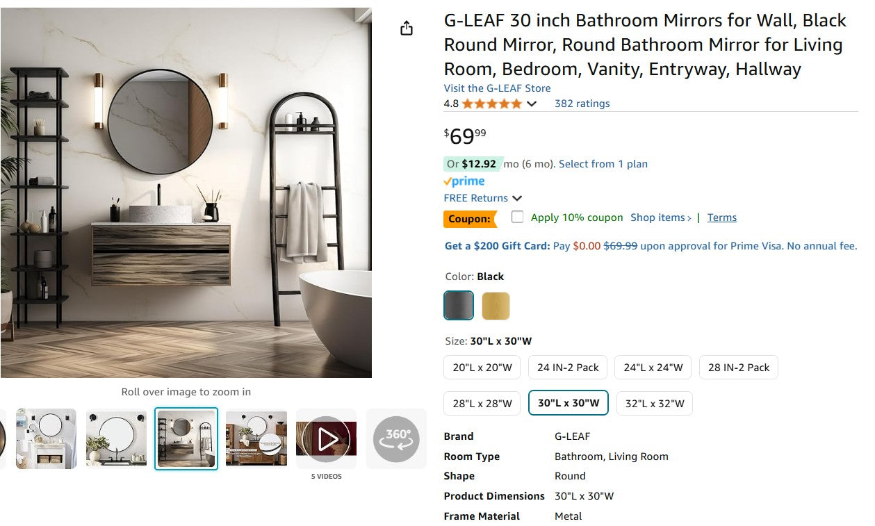 G-LEAF 30 inch Bathroom Mirrors for Wall, Black Round Mirror