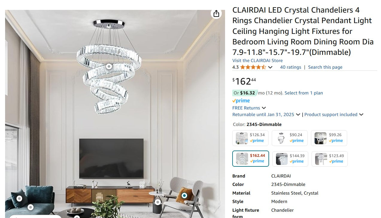 CLAIRDAI LED Crystal Chandeliers 4 Rings Chandelier Crystal Pendant Light Ceiling Hanging Light