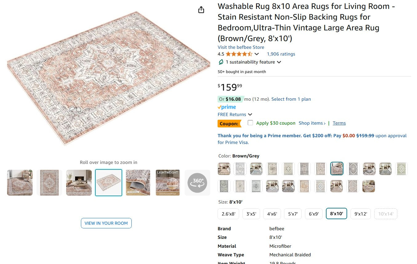 Washable Rug 8x10 Area Rugs for Living Room - Stain Resistant Non-Slip Backing Rugs for Bedroom