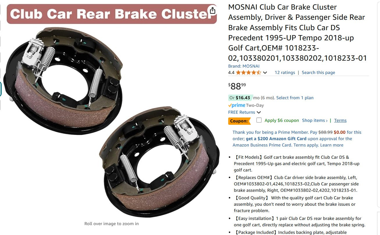 MOSNAI Club Car Brake Cluster Assembly, Driver & Passenger Side Rear Brake Assembly