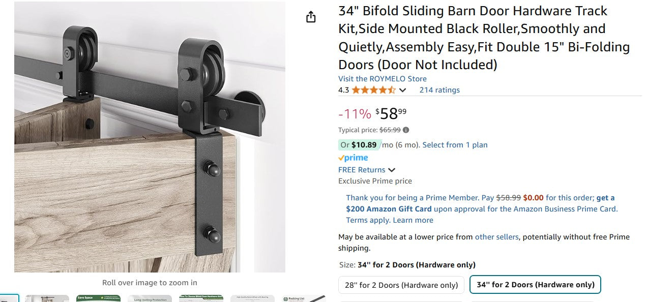 34" Bifold Sliding Barn Door Hardware Track Kit,Side Mounted Black Roller