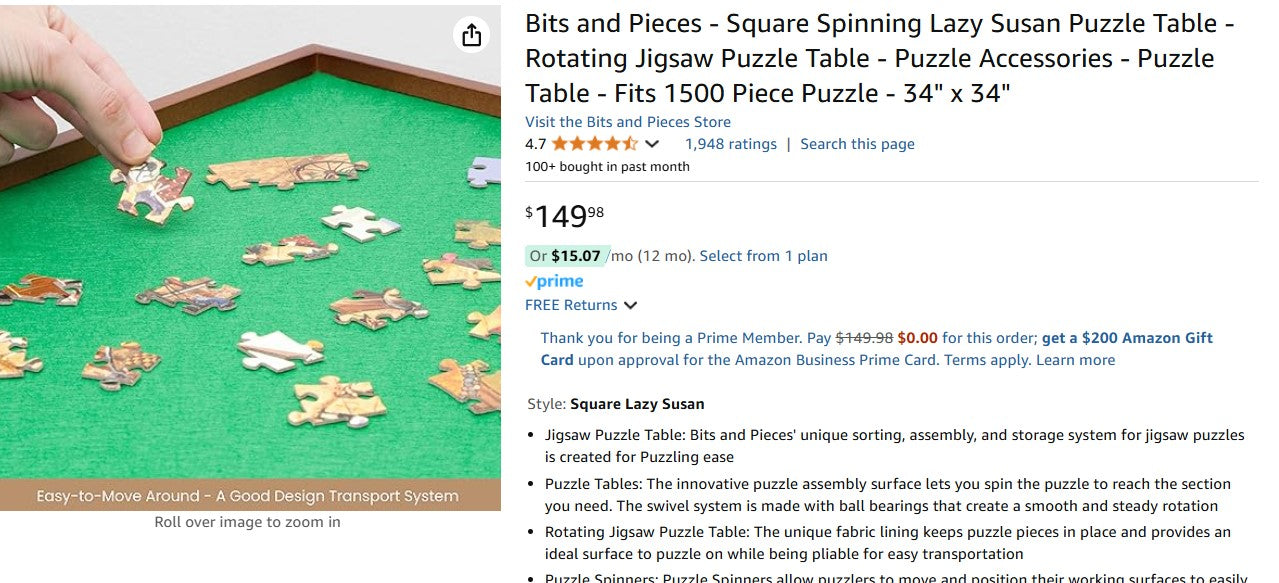 Bits and Pieces - Square Spinning Lazy Susan Puzzle Table