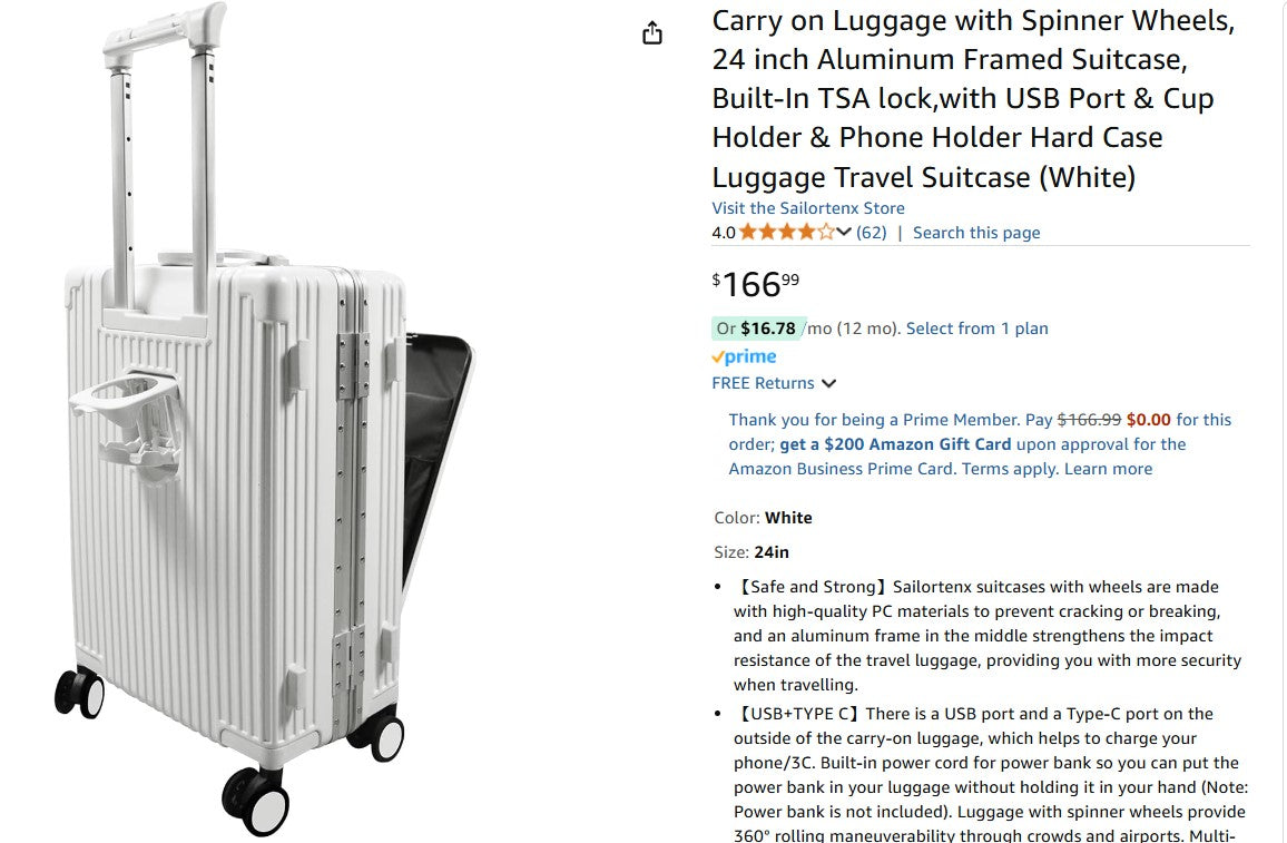 Carry on Luggage with Spinner Wheels, 24 inch Aluminum Framed Suitcase