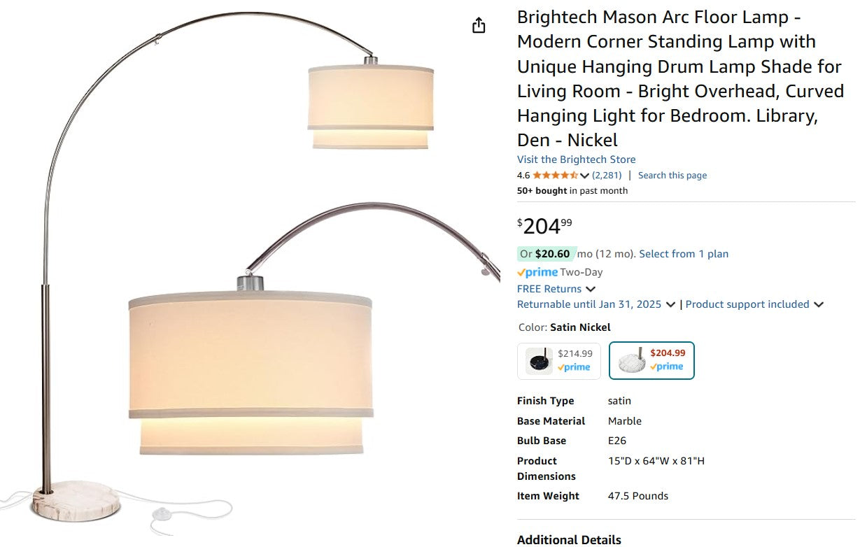 Brightech Mason Arc Floor Lamp - Modern Corner Standing Lamp with Unique Hanging Drum