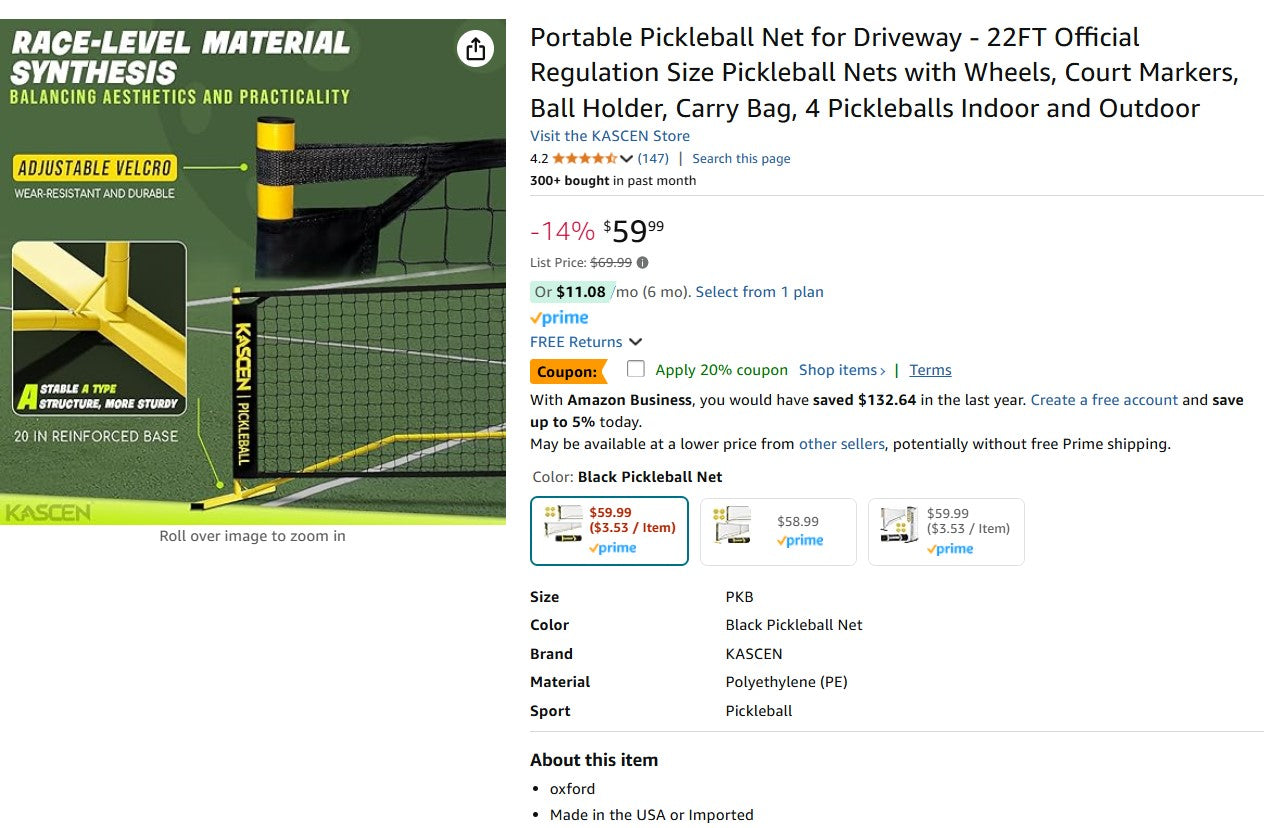 Portable Pickleball Net for Driveway - 22FT Official Regulation Size Pickleball Net