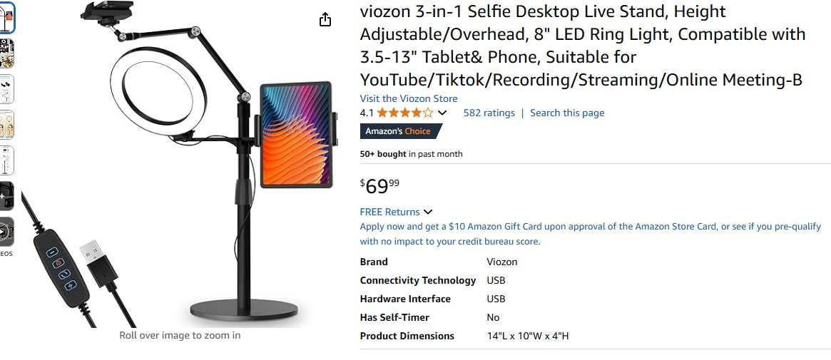 viozon 3-in-1 Selfie Desktop Live Stand, Height Adjustable/Overhead, 8" LED Ring Light