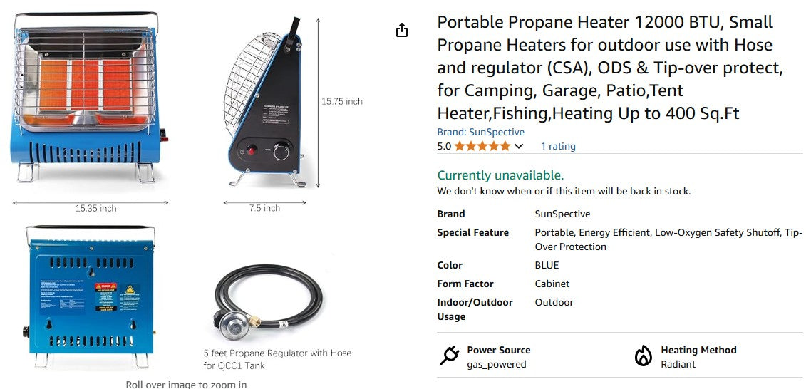 Portable Propane Heater 12000 BTU, Small Propane Heaters for outdoor use