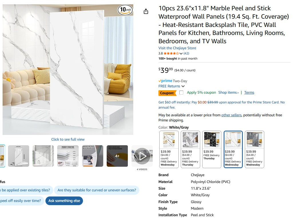 10pcs 23.6"x11.8" Marble Peel and Stick Waterproof Wall Panels