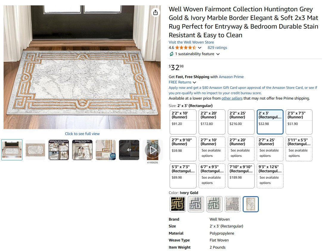 Well Woven Fairmont Collection Huntington Grey Gold & Ivory Marble Border Elegant & Soft 2x3