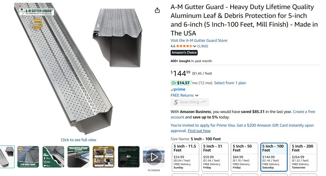A-M Gutter Guard - Heavy Duty Lifetime Quality Aluminum Leaf & Debris Protection for 5-inch