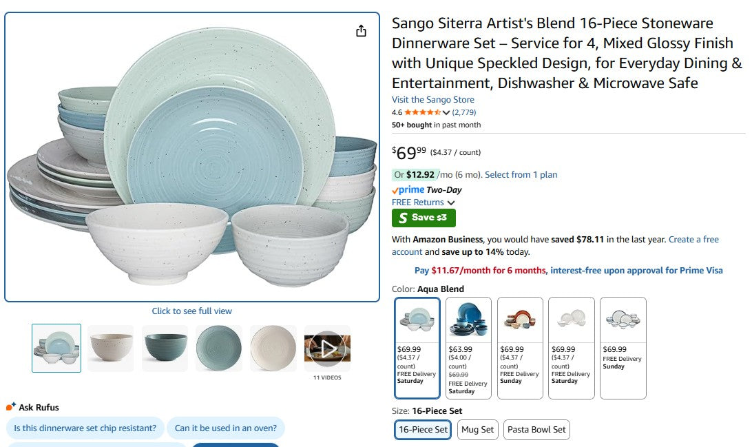 Sango Siterra Artist's Blend 16-Piece Stoneware Dinnerware Set – Service for 4, Mixed Glossy Finish