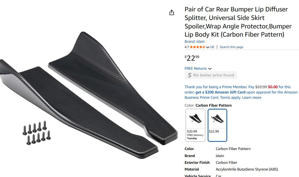 Pair of Car Rear Bumper Lip Diffuser Splitter, Universal Side Skirt Spoiler