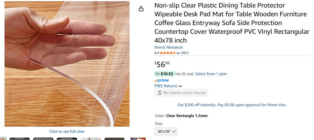 Non-slip Clear Plastic Dining Table Protector Wipeable Desk Pad Mat for Table Wooden Furniture