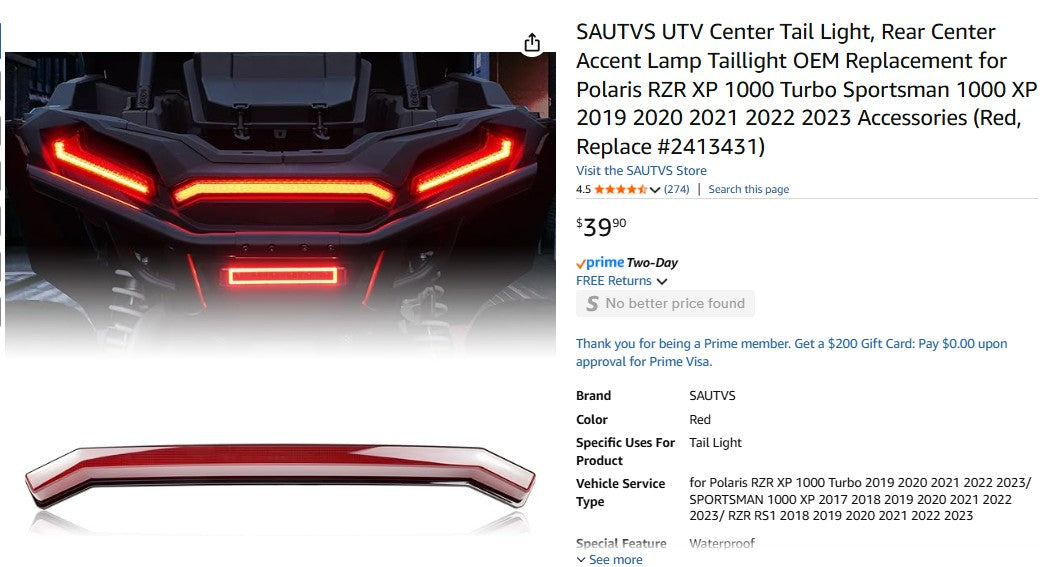 SAUTVS UTV Center Tail Light, Rear Center Accent Lamp Taillight OEM Replacement for Polaris RZR XP 1000