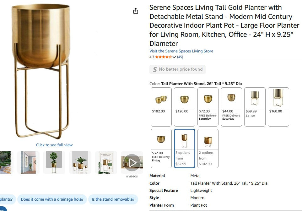 Serene Spaces Living Tall Gold Planter with Detachable Metal Stand