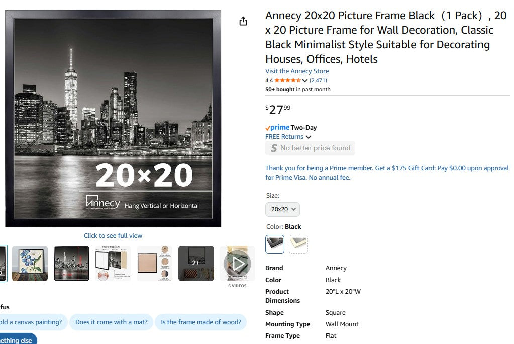 Annecy 20x20 Picture Frame Black（1 Pack）, 20 x 20 Picture Frame for Wall Decoration