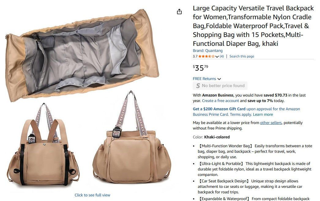 Large Capacity Versatile Travel Backpack for Women, Transformable Nylon Cradle Bag