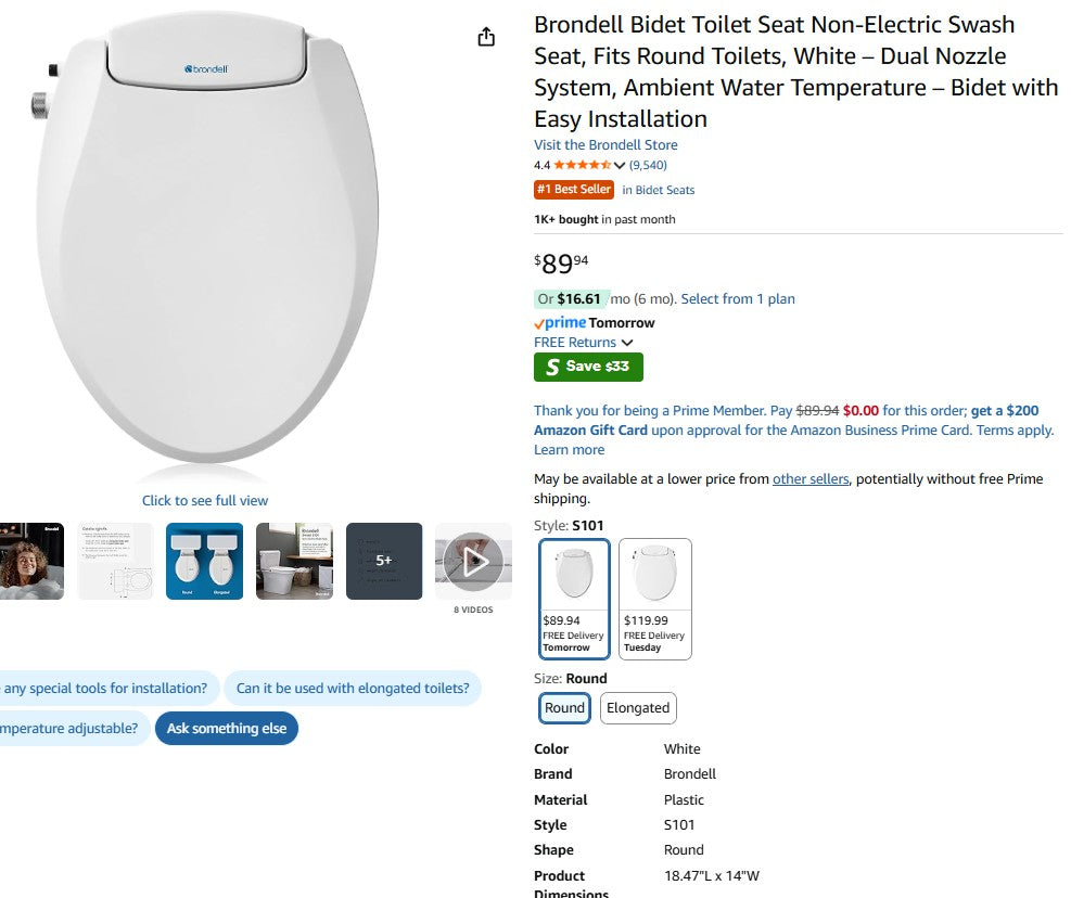 Brondell Bidet Toilet Seat Non-Electric Swash Seat, Fits Round Toilets, White