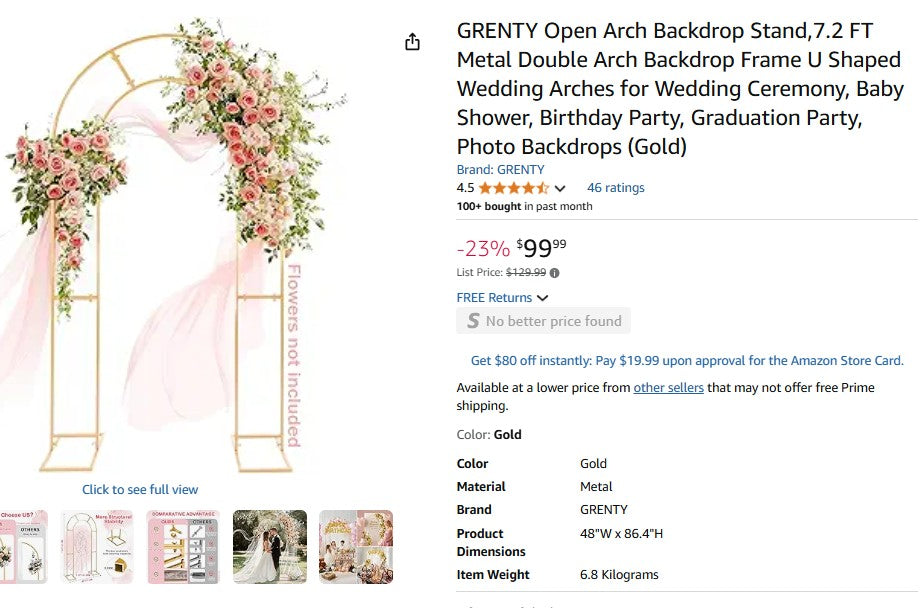GRENTY Open Arch Backdrop Stand,7.2 FT Metal Double Arch Backdrop Frame U Shaped
