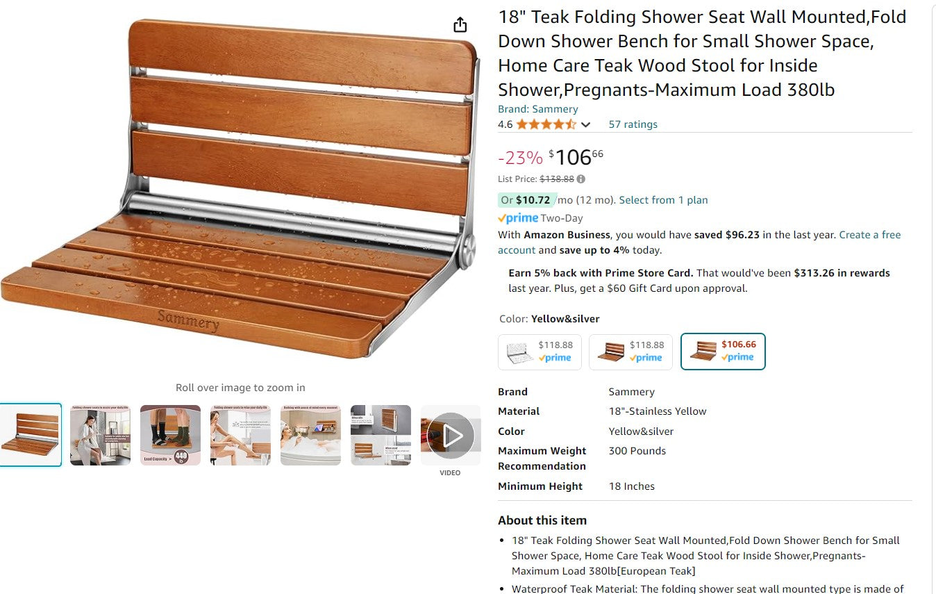 18" Teak Folding Shower Seat Wall Mounted,Fold Down Shower Bench for Small Shower Space