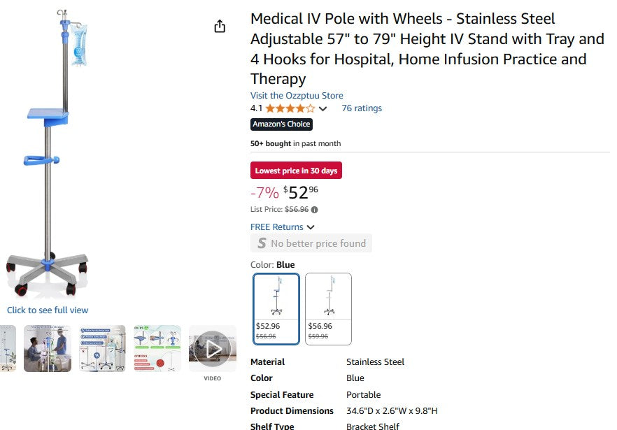 Medical IV Pole with Wheels - Stainless Steel Adjustable 57" to 79" Height IV Stand with Tray