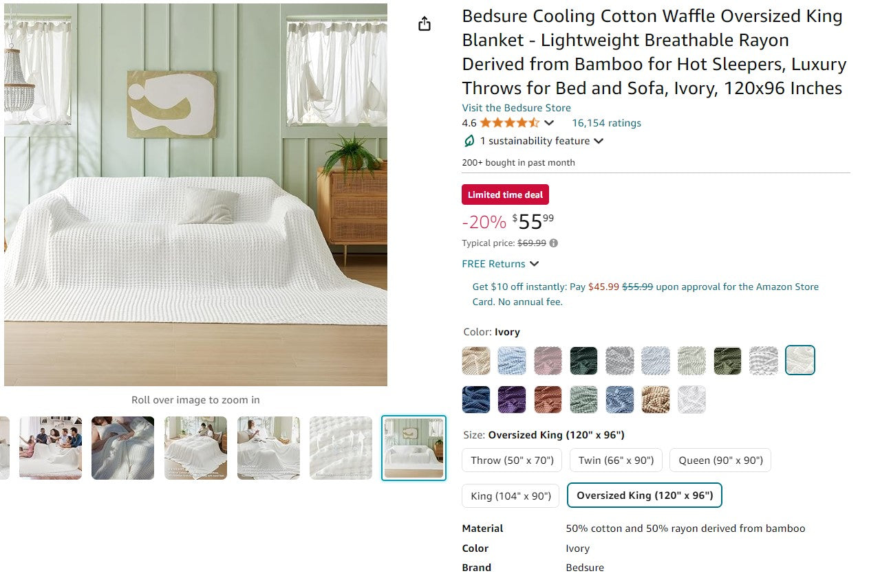 Bedsure Cooling Cotton Waffle Oversized King Blanket