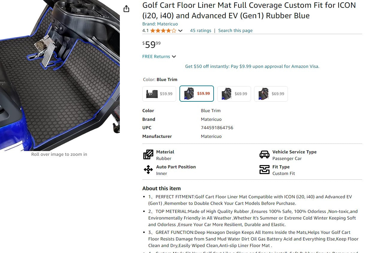 Golf Cart Floor Liner Mat Full Coverage Custom Fit for ICON (i20, i40) and Advanced EV (Gen1) Rubber Blue