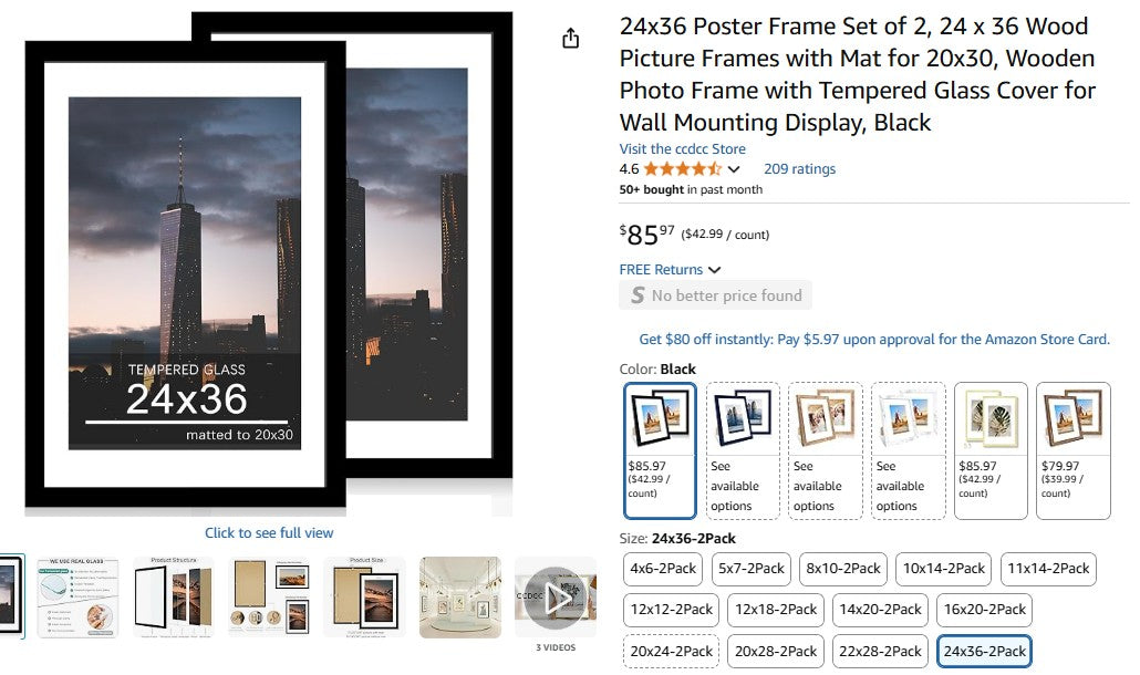 24x36 Poster Frame Set of 2, 24 x 36 Wood Picture Frames with Mat for 20x30