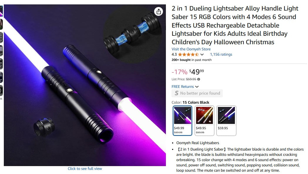 2 in 1 Dueling Lightsaber Alloy Handle Light Saber 15 RGB Colors with 4 Modes 6 Sound Effects