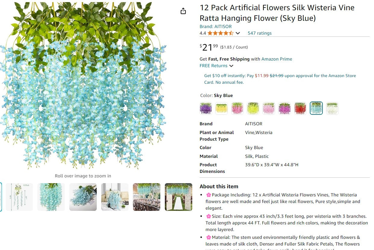 12 Pack Artificial Flowers Silk Wisteria Vine Ratta Hanging Flower (Sky Blue)