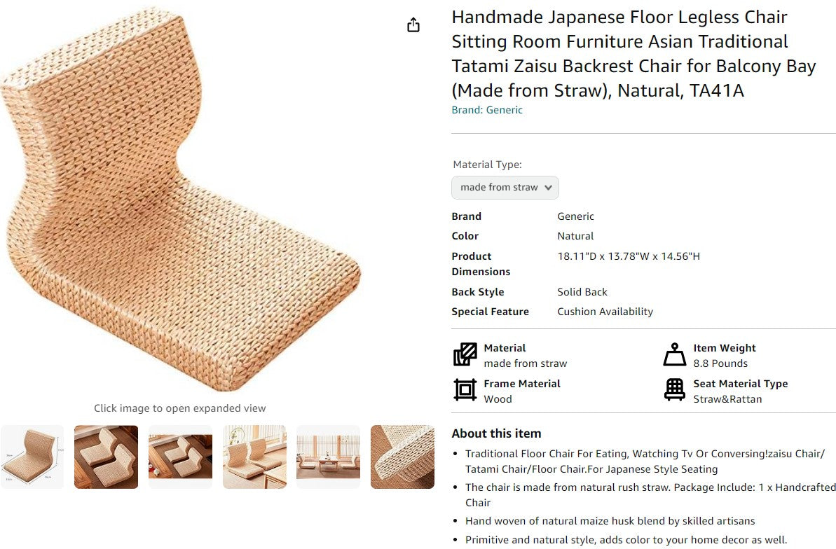 Handmade Japanese Floor Legless Chair Sitting Room Furniture