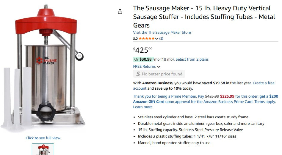 The Sausage Maker - 15 lb. Heavy Duty Vertical Sausage Stuffer - Includes Stuffing Tubes - Metal Gears
