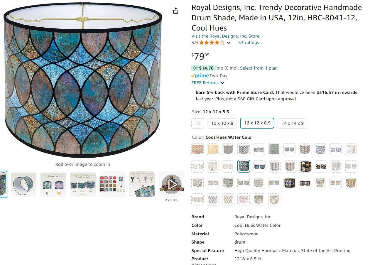 Royal Designs, Inc. Trendy Decorative Handmade Drum Shade, 12in, Cool Hues