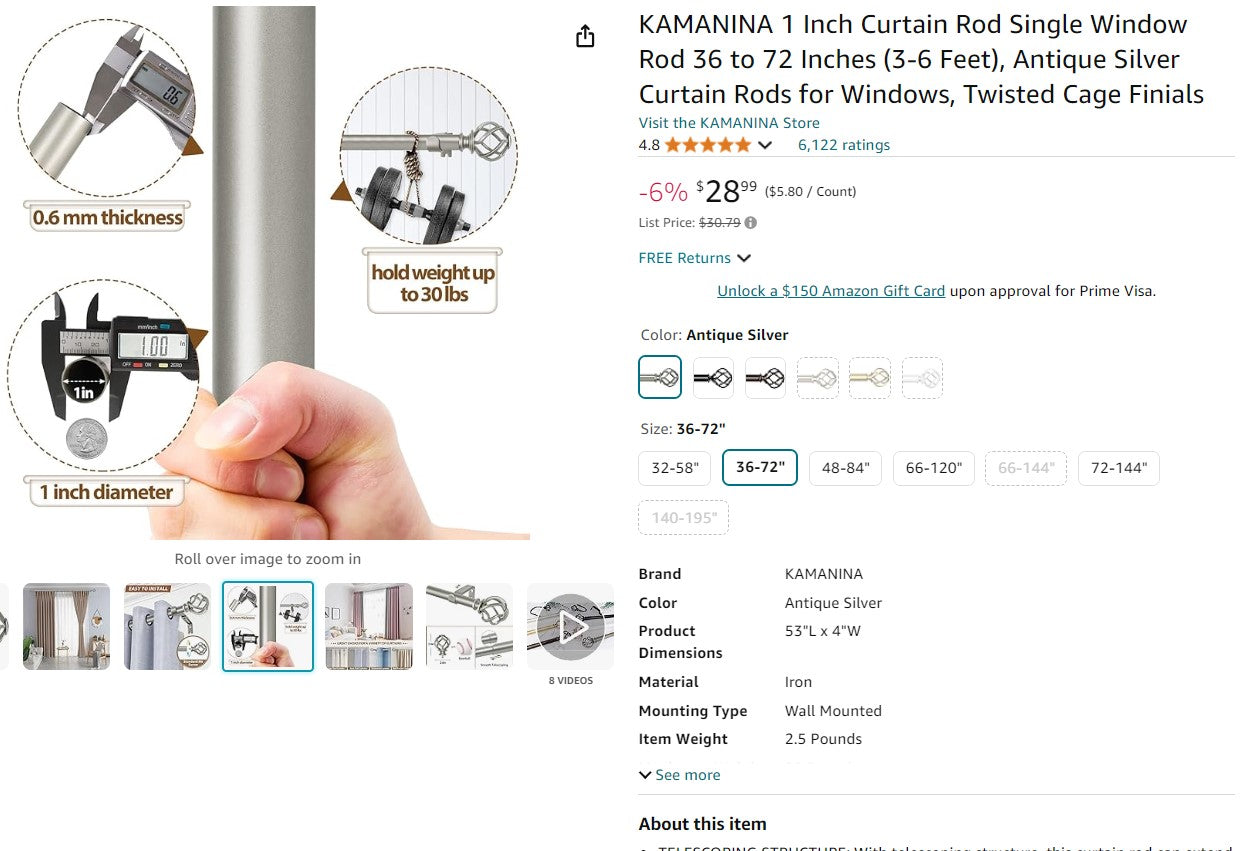 KAMANINA 1 Inch Curtain Rod Single Window Rod 36 to 72 Inches (3-6 Feet), Antique Silver