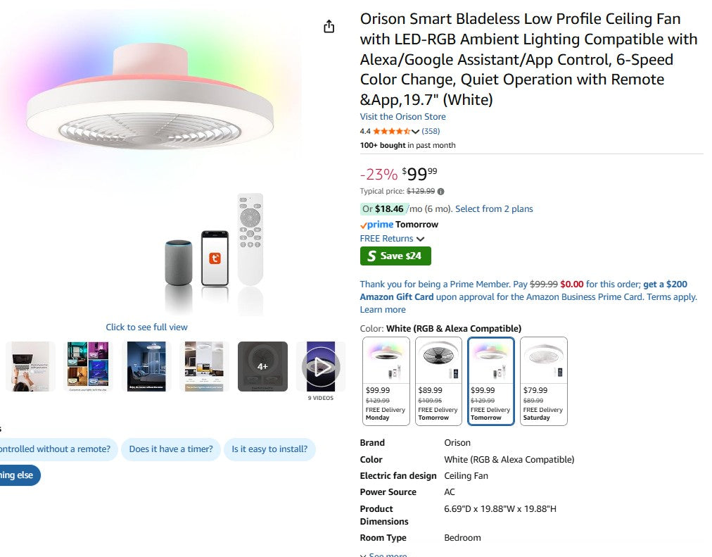 Orison Smart Bladeless Low Profile Ceiling Fan with LED-RGB Ambient Lighting Compatible with Alexa/Google