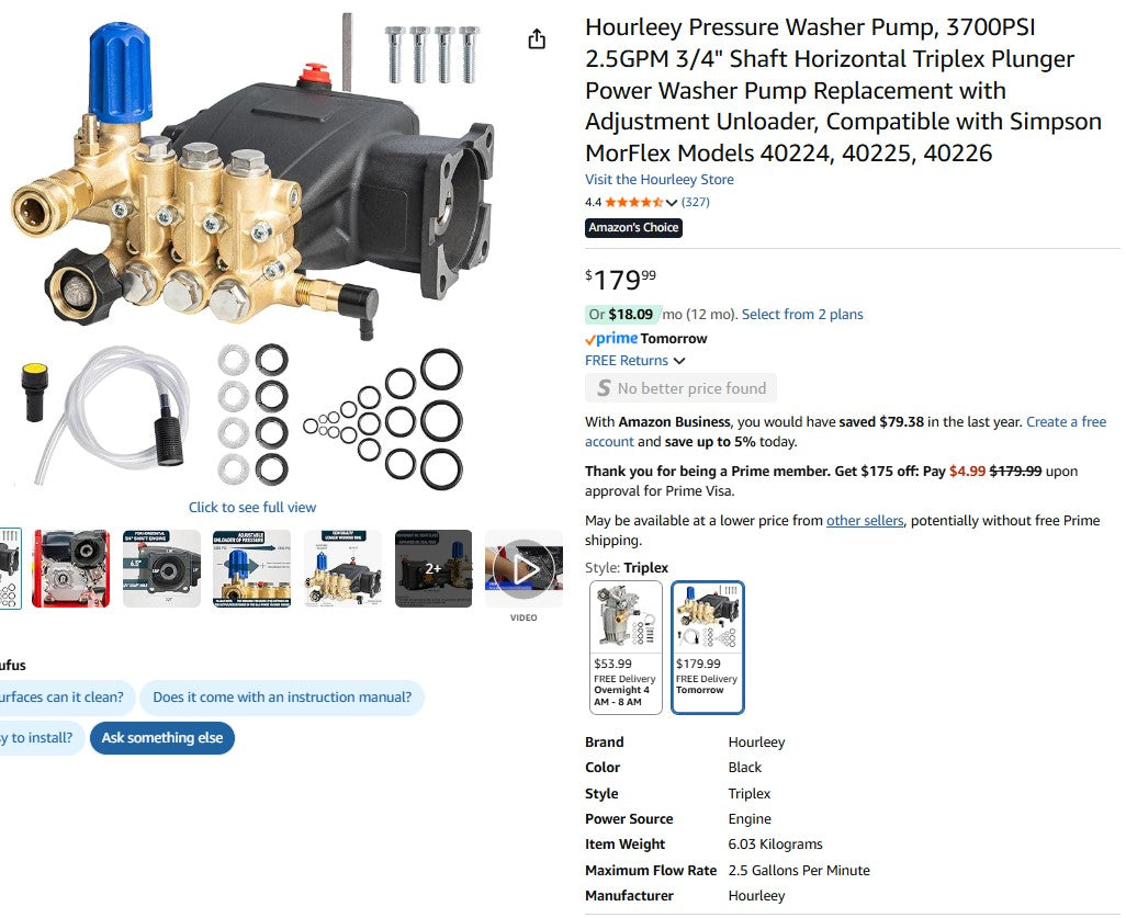 Hourleey Pressure Washer Pump, 3700PSI 2.5GPM 3/4" Shaft Horizontal Triplex Plunger Power Washer Pump