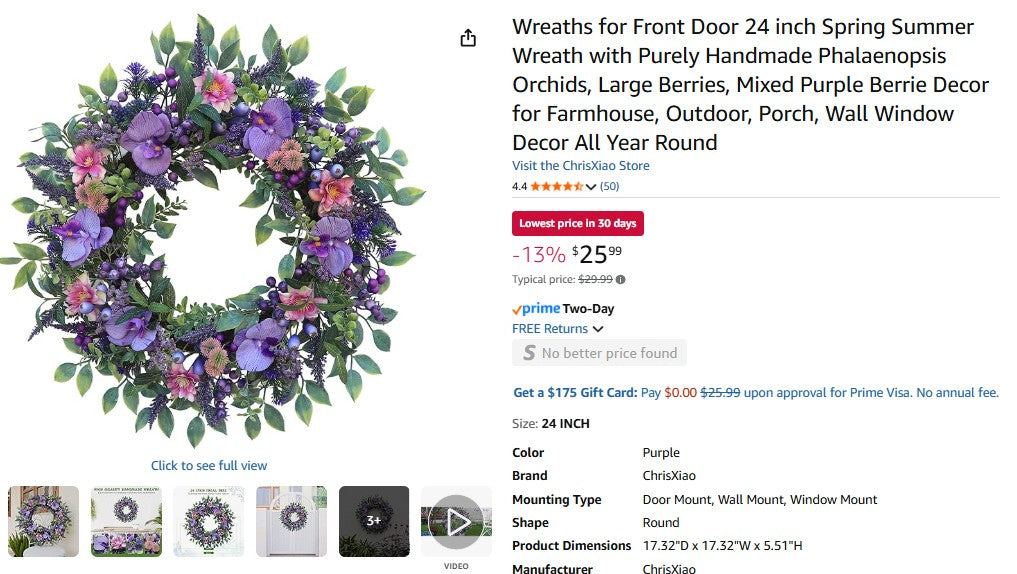 Wreaths for Front Door 24 inch Spring Summer Wreath with Purely Handmade Phalaenopsis Orchids