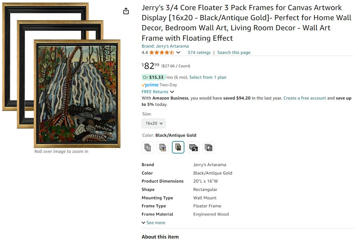 Jerry's 3/4 Core Floater 3 Pack Frames for Canvas Artwork Display [16x20 - Black/Antique Gold]