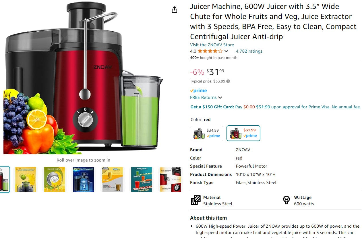 Juicer Machine, 600W Juicer with 3.5” Wide Chute for Whole Fruits and Veg