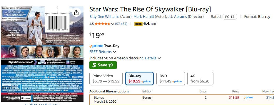Star Wars: The Rise Of Skywalker [Blu-ray]