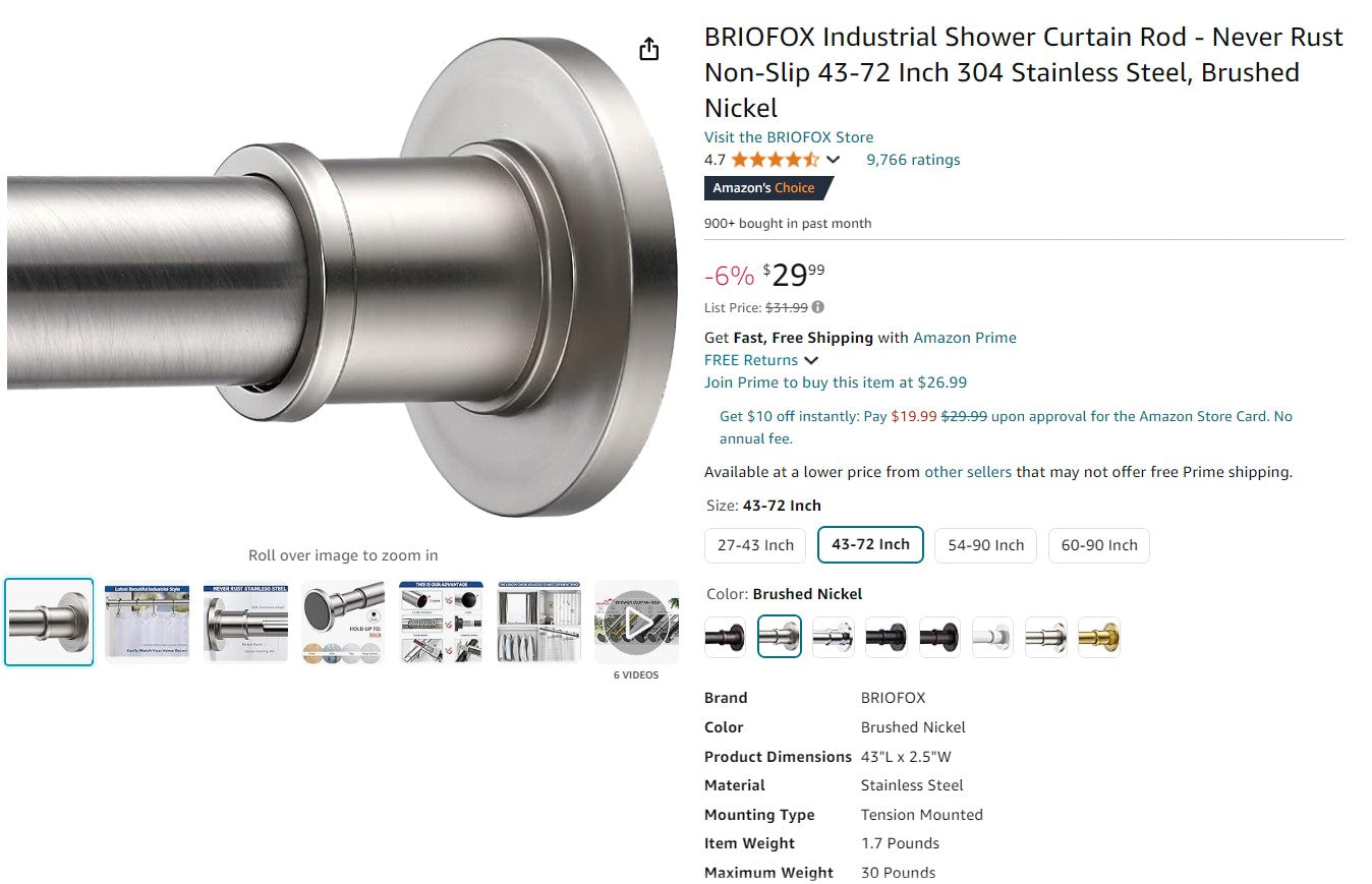 BRIOFOX Industrial Shower Curtain Rod - Never Rust Non-Slip 43-72 Inch